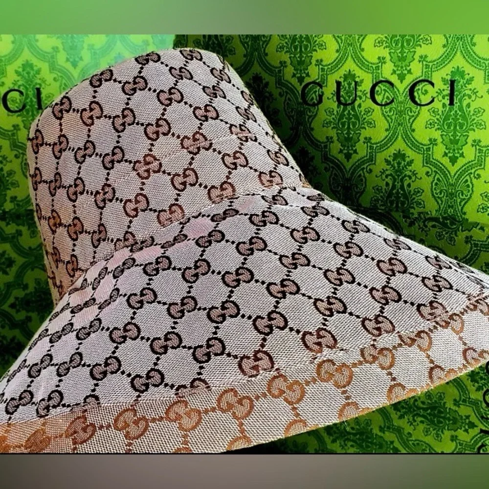 Gucci Beige GG Monogram Bucket Hat Wide Large Brim Tan Canvas Jacquard Logo - Picture 6 of 16